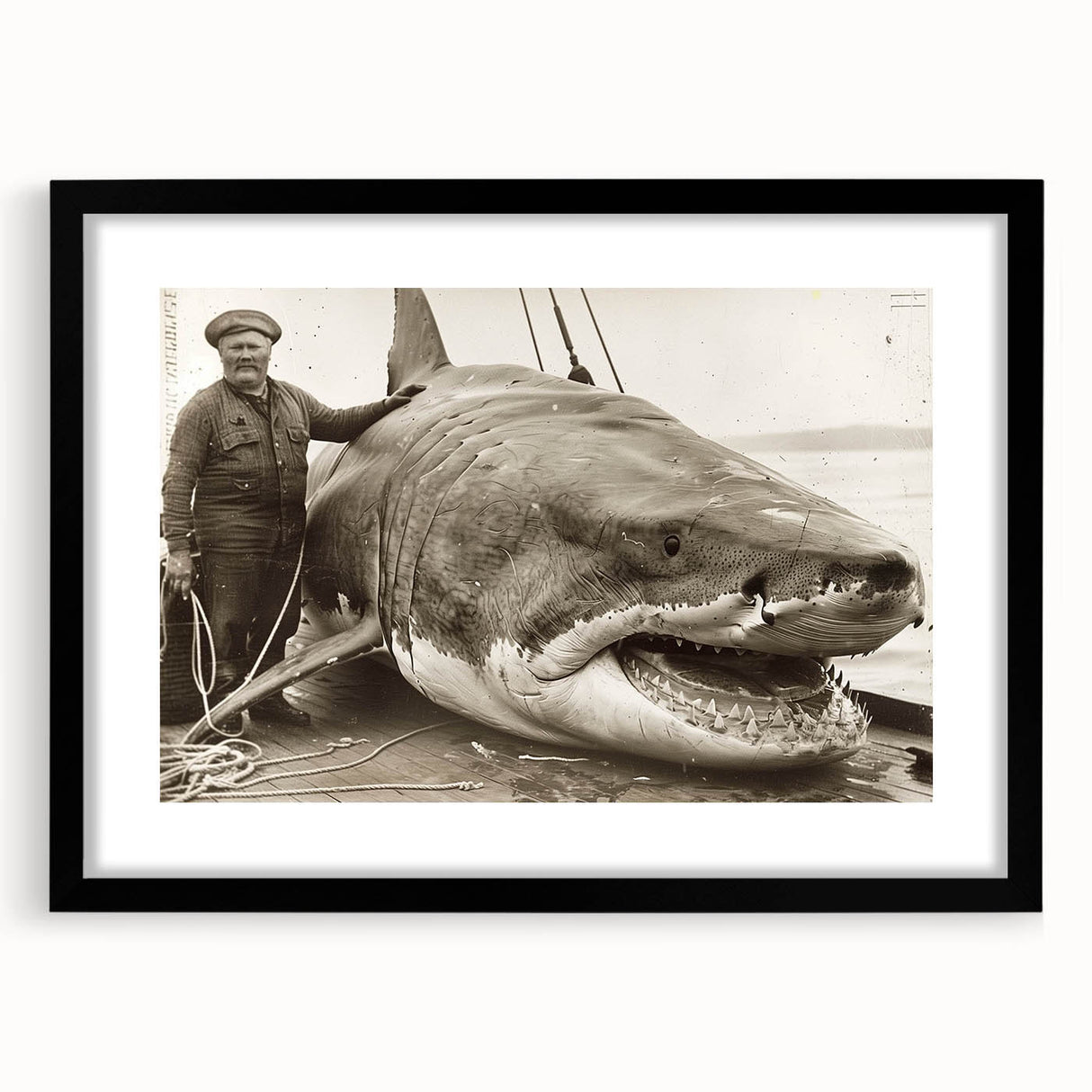 Framed wall art featuring a striking shark design in a black mat, ideal for marine life enthusiasts, enhancing home decor with oceanic elegance.