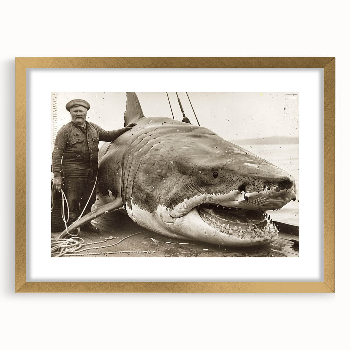 Gold-framed wall art featuring a striking shark design, showcasing vibrant marine life colors and intricate details, ideal for ocean-themed decor or gifts.