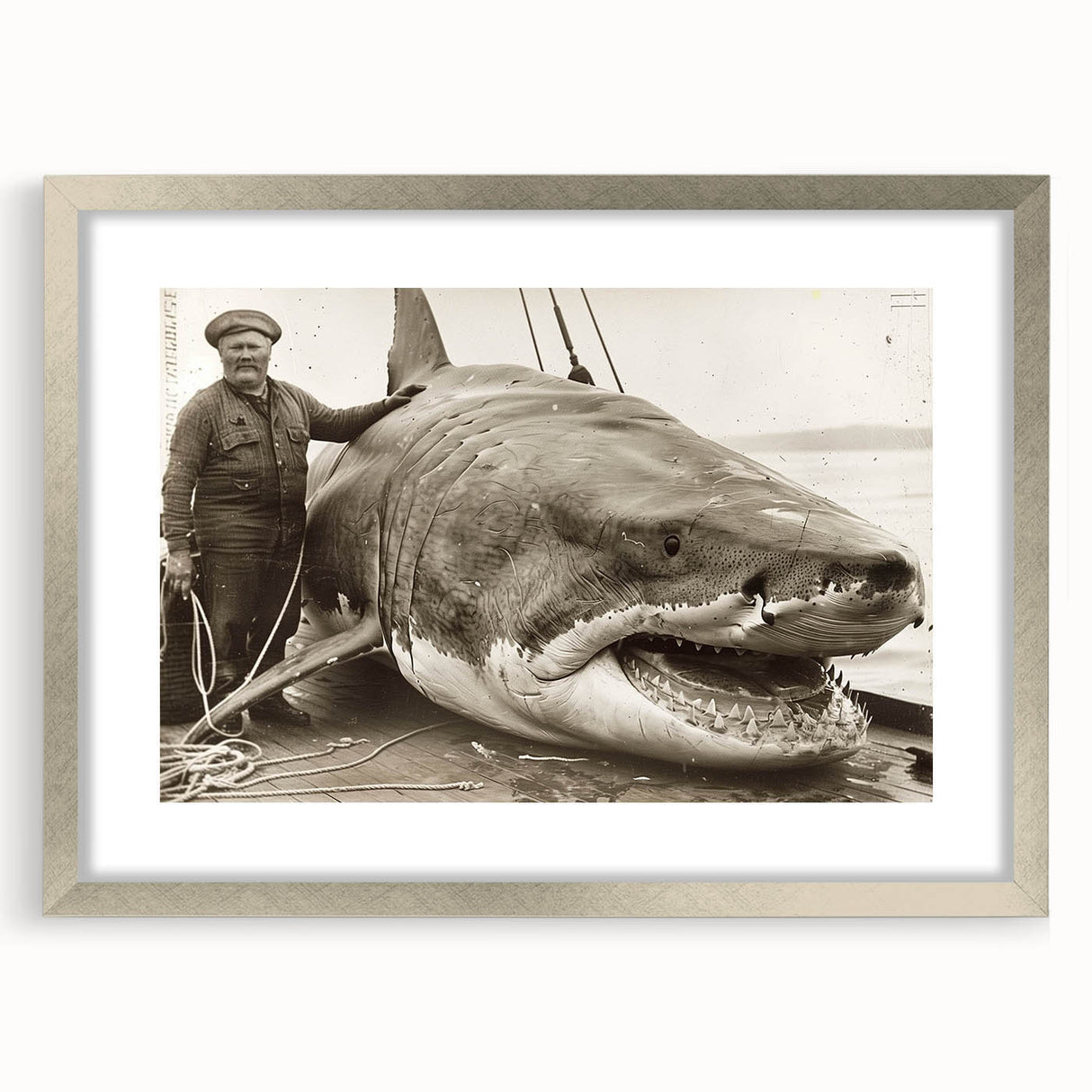 Framed marine life wall art collection showcasing a shark design with a silver mat, ideal for ocean-themed decor in modern interiors. Perfect for sea lovers.