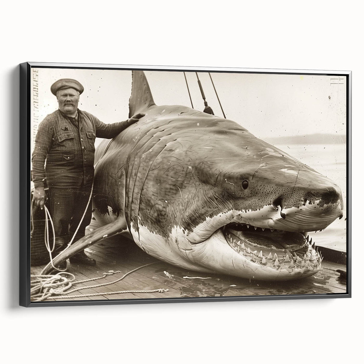 Framed canvas wall art showcasing a striking shark design, featuring vibrant marine colors and intricate detailing, perfect for ocean-themed decor.