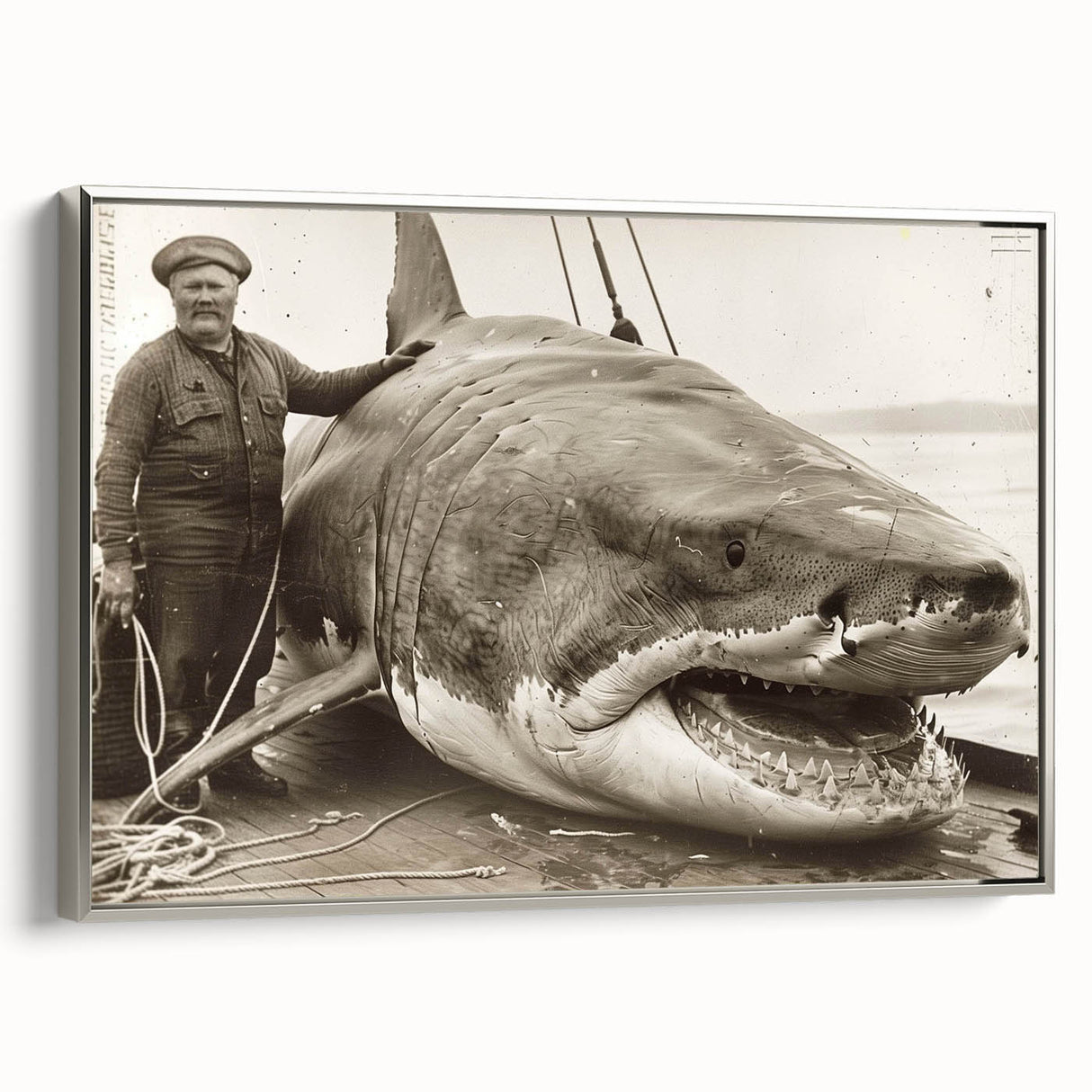 Framed wall art featuring a sleek silver shark design on canvas, showcasing vibrant marine life colors, ideal for ocean-themed decor in modern interiors.