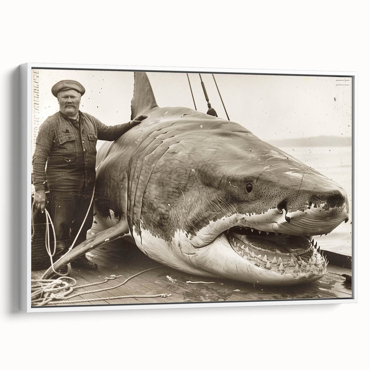 Framed canvas wall art showcasing a shark design in vibrant colors, highlighting marine life aesthetics. The artwork features a sleek white frame and a side view perspective, perfect for ocean-themed decor.