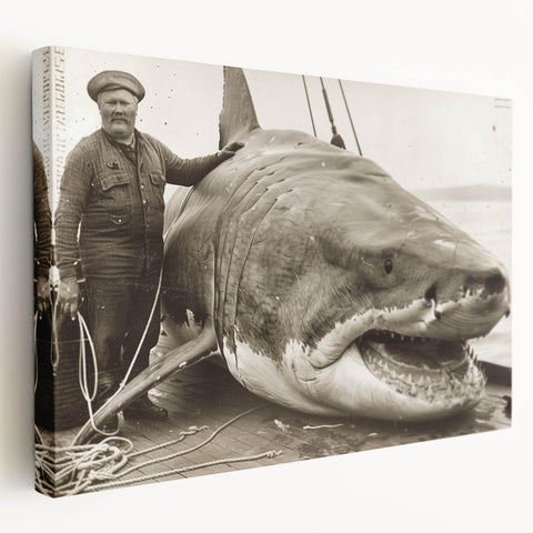 Vibrant stretched canvas wall art showcasing a detailed shark design, featuring shades of blue and gray, ideal for marine-themed decor in homes or offices.
