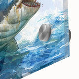 Close-up of a vibrant marine life wall art collection featuring a shark design printed on acrylic glass, showcasing intricate details and vivid colors, perfect for ocean-themed decor.