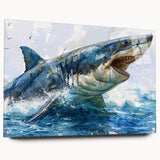 Acrylic glass wall art showcasing a striking marine life shark design, featuring vibrant colors and detailed textures, elegantly displayed with pins for hanging.