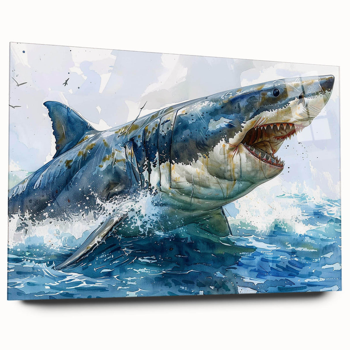 Vibrant marine life wall art collection showcasing a shark design on acrylic glass, displayed in a side view, highlighting its sleek lines and oceanic colors.