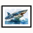 Black-framed wall art showcasing a sleek shark design, part of a marine life collection. Ideal for ocean-themed decor, it adds a modern touch to any room.