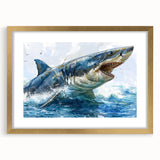 Gold-framed wall art featuring a sleek marine life shark design, showcasing intricate details and vibrant colors, perfect for ocean-themed decor enthusiasts.