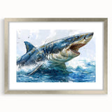 Framed wall art collection showcasing a striking marine life shark design, featuring a silver mat and frame, perfect for ocean-themed decor.
