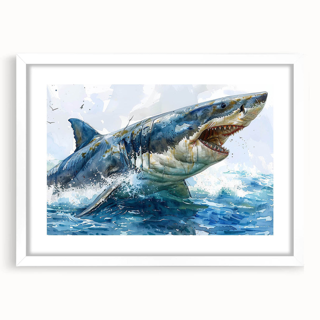 Framed wall art collection featuring a striking shark design on a white mat, perfect for marine-themed decor, enhancing any coastal or ocean-inspired space.