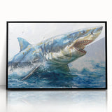 Framed acrylic wall art showcasing a vibrant marine life shark design, featuring a sleek black frame, perfect for ocean-themed decor in modern interiors.