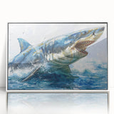 Framed wall art collection featuring a striking shark design in vibrant blue and white colors, showcasing marine life in a modern acrylic frame for ocean-themed decor.