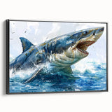 Framed wall art collection featuring a striking black shark design on canvas, showcasing intricate marine life details against a sleek black frame, perfect for ocean-themed decor.