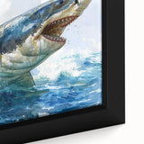 Close-up of a framed canvas wall art depicting a vibrant marine life design featuring a majestic shark, showcasing intricate details and vivid colors, ideal for ocean-themed decor.