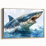 Framed wall art showcasing a detailed shark design in vibrant colors, set against a sleek gold frame. Perfect for marine life enthusiasts and stylish decor.