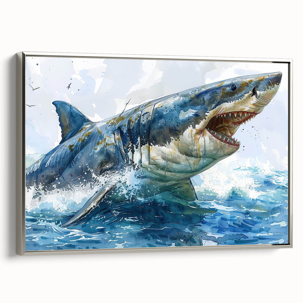 Framed wall art featuring a sleek silver shark design on textured canvas, showcasing vibrant marine life colors and contemporary style, ideal for ocean-themed decor.