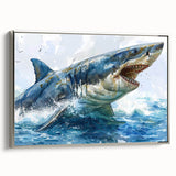 Framed wall art featuring a sleek silver shark design on textured canvas, showcasing vibrant marine life colors and contemporary style, ideal for ocean-themed decor.