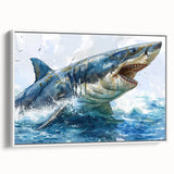 Framed wall art showcasing a striking shark design on a textured canvas, set against a white background, perfect for marine life enthusiasts and beach-themed decor.