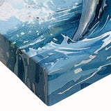 Close-up of a vibrant marine life wall art design featuring a majestic shark on stretched canvas, showcasing intricate details and vivid colors, ideal for ocean-themed decor.