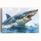Stretched canvas wall art featuring a striking marine life design showcasing a shark in vibrant blue tones, ideal for ocean-themed decor in homes or offices.