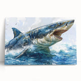 Stretched canvas wall art featuring a vibrant marine life design with a shark, showcasing detailed textures and bright colors, perfect for ocean-themed decor.