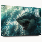 Side view of a marine life wall art collection showcasing a shark design, printed on acrylic glass, featuring vibrant colors and mounted with pins for easy display.