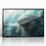 Framed wall art featuring a striking marine life shark design, presented in a sleek black frame. This contemporary piece adds a vibrant oceanic touch to any space.