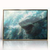 Framed wall art featuring a striking shark design, showcasing vibrant marine life in gold accents, perfect for ocean-themed decor. Ideal for adding a touch of elegance and nature to any space.