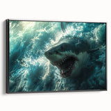 Framed canvas wall art showcasing a striking shark design, featuring a vibrant marine life illustration in bold colors, set against a black background.