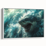 Framed wall art featuring a striking shark design on canvas, showcasing vibrant ocean colors and intricate details, perfect for marine life enthusiasts.