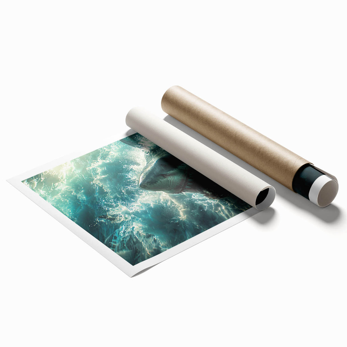 Vibrant rolled print featuring a dynamic shark design, showcasing detailed marine life artwork in bold colors, ideal for ocean-themed decor. Perfect for adding a unique touch to any space.