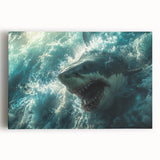 Stretched canvas wall art featuring a vibrant marine life shark design, showcasing intricate details and colors, perfect for ocean-themed home decor.