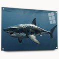 Marine life wall art collection showcasing a vibrant shark design printed on acrylic glass, featuring a side view with decorative pins for display. Perfect for ocean-themed decor.