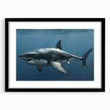 Framed wall art collection showcasing a marine life shark design with a sleek black frame and mat, perfect for ocean-themed decor. Ideal for enhancing coastal spaces.