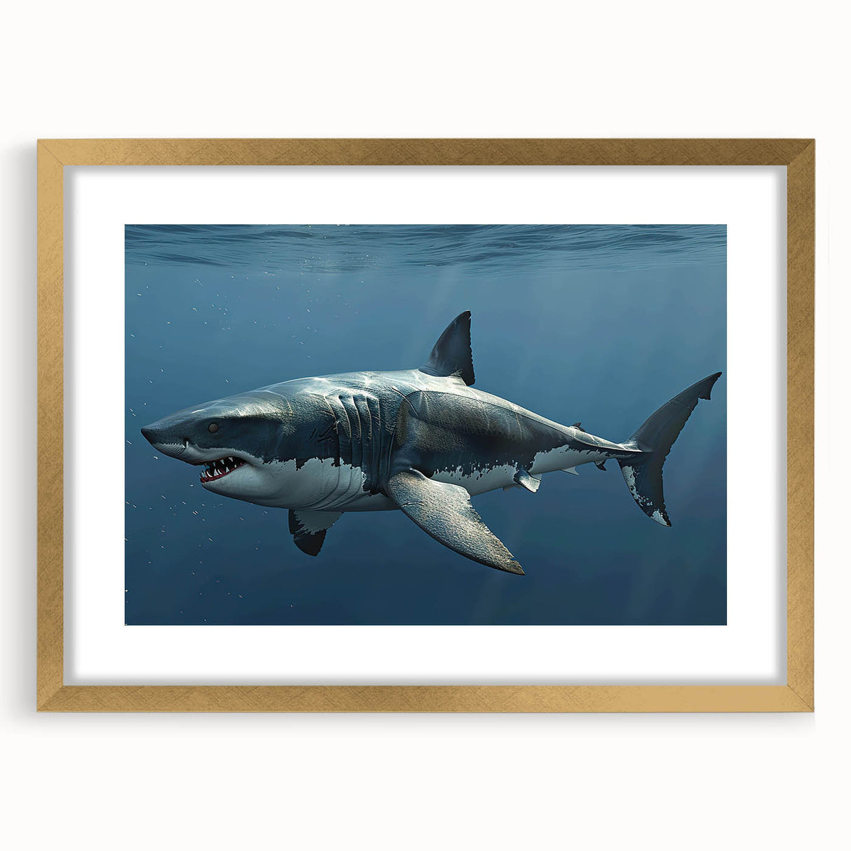 Framed wall art featuring a stunning shark design from a marine life collection, showcasing vibrant colors and intricate details, set in a gold frame with a mat.