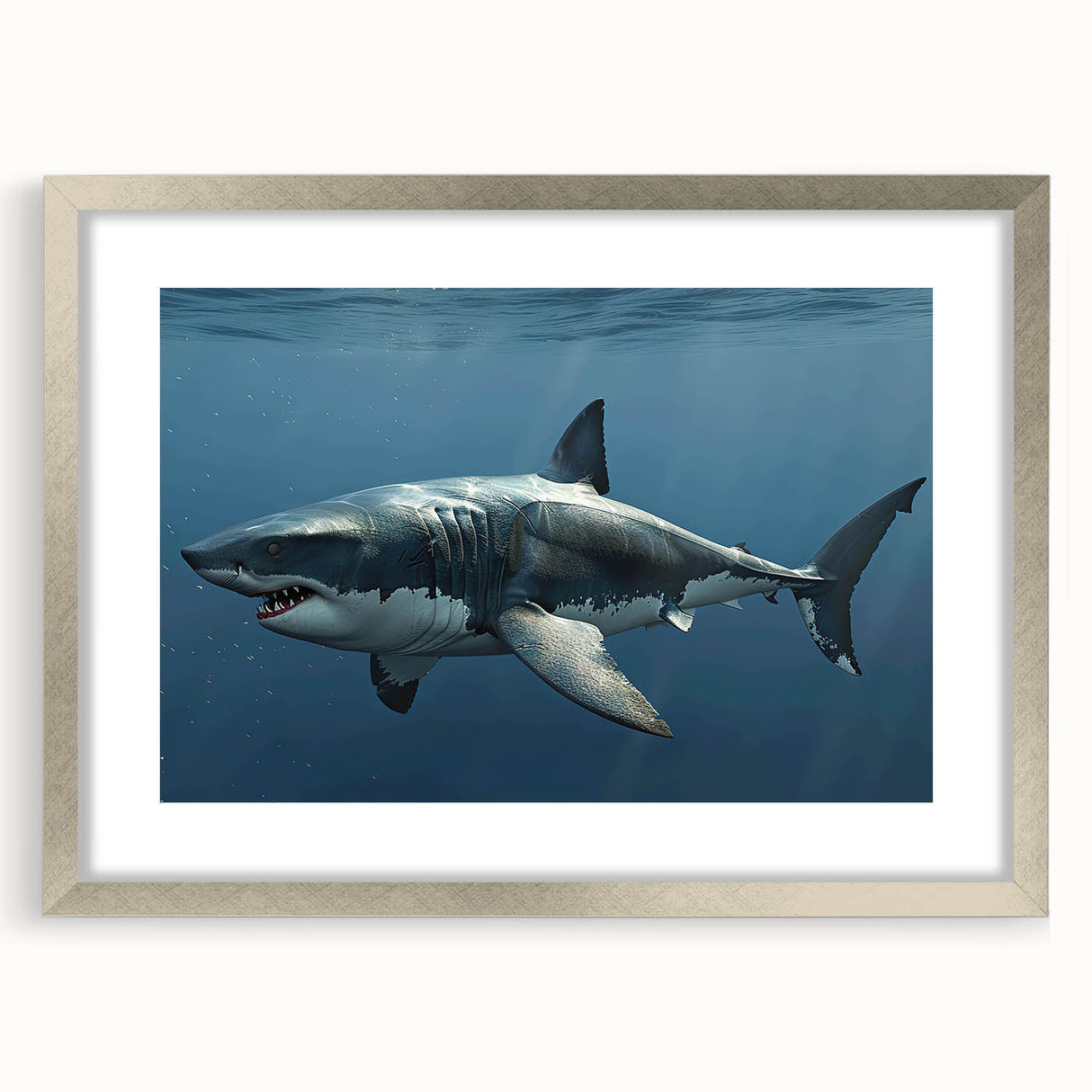 Framed wall art featuring a sleek shark design in silver, ideal for marine life enthusiasts; includes a mat for enhanced presentation, perfect for home decor.