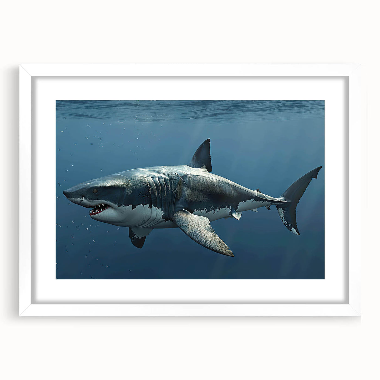 Framed wall art featuring a striking shark design, showcasing vibrant marine life colors against a white mat, perfect for ocean-themed decor.