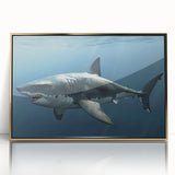 Framed acrylic wall art showcasing a striking shark design, featuring gold accents and a contemporary style, ideal for marine life enthusiasts and modern decor.