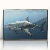 Framed wall art featuring a striking shark design in an oceanic theme, presented in a sleek silver frame, perfect for marine life enthusiasts and home decor.