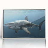 Framed wall art showcasing a vibrant marine life shark design in acrylic, featuring a white frame, ideal for ocean-themed decor, enhancing any space with aquatic beauty.