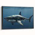 Framed wall art featuring a striking shark design in vibrant colors, showcasing marine life on a black background, ideal for ocean-themed decor.