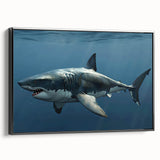 Framed wall art featuring a striking shark design in vibrant colors, showcasing marine life on a black background, ideal for ocean-themed decor.