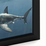 Close-up of a framed canvas wall art featuring a vibrant shark design, showcasing intricate details and textures, perfect for marine life enthusiasts and eco-friendly decor.