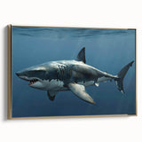 Framed canvas wall art depicting a striking shark design in vibrant blue and gold tones, showcasing marine life aesthetics, perfect for ocean-themed decor.