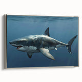 Framed wall art featuring a striking marine life design showcasing a shark, presented in a sleek silver frame. Ideal for ocean-themed decor, this canvas art adds a modern touch to any space.