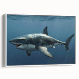 Framed canvas wall art showcasing a vibrant shark design, highlighting marine life in stunning detail. The artwork is presented from a white side view, perfect for ocean-themed decor.