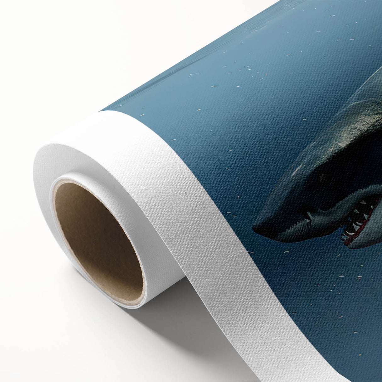 Vibrant rolled canvas artwork showcasing a shark design, featuring intricate marine life elements in shades of blue and green, ideal for ocean-themed decor.