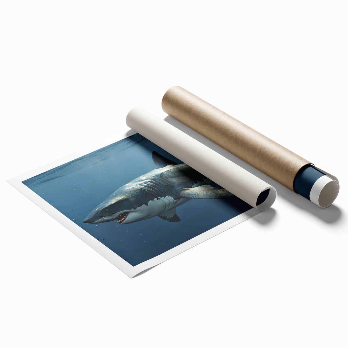 Colorful marine life wall art featuring a stylized shark design on a rolled print, showcasing vibrant blues and greens, perfect for ocean-themed decor.