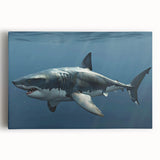 Stretched canvas wall art showcasing a vibrant marine life shark design in bold colors, perfect for ocean-themed decor, enhancing aquatic ambiance in homes or offices.