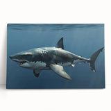 Stretched canvas wall art featuring a vibrant marine life design showcasing a shark, perfect for ocean-themed decor, with a modern aesthetic ideal for home or office settings.